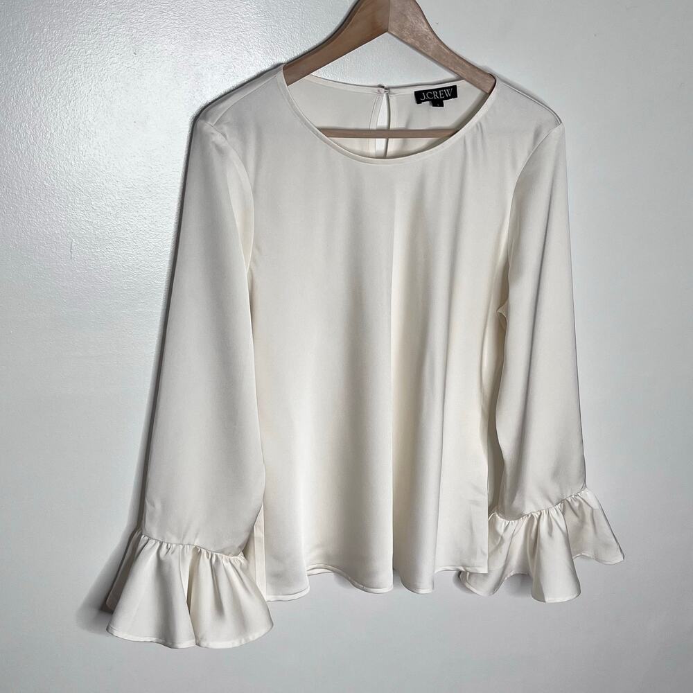 J Crew Womens Large Ivory Bell Sleeve Blouse Ruffle Cuff Keyhole Back Top - Picture 3 of 8
